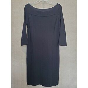Eileen Fisher Black Ponte Knit Boat Neck Sheath Midi Dress Size MED Minimalist